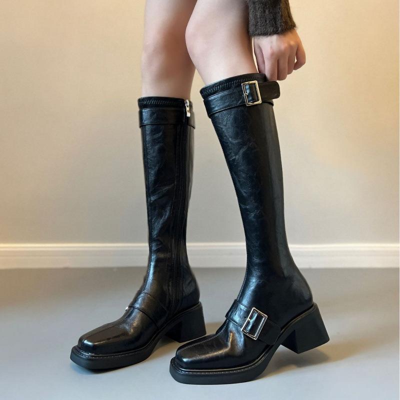 Belt Buckle Long Women's Winter New Knight Boots Thick Heel Above Knee French Vintage Boots Women's Motorcycle Boots