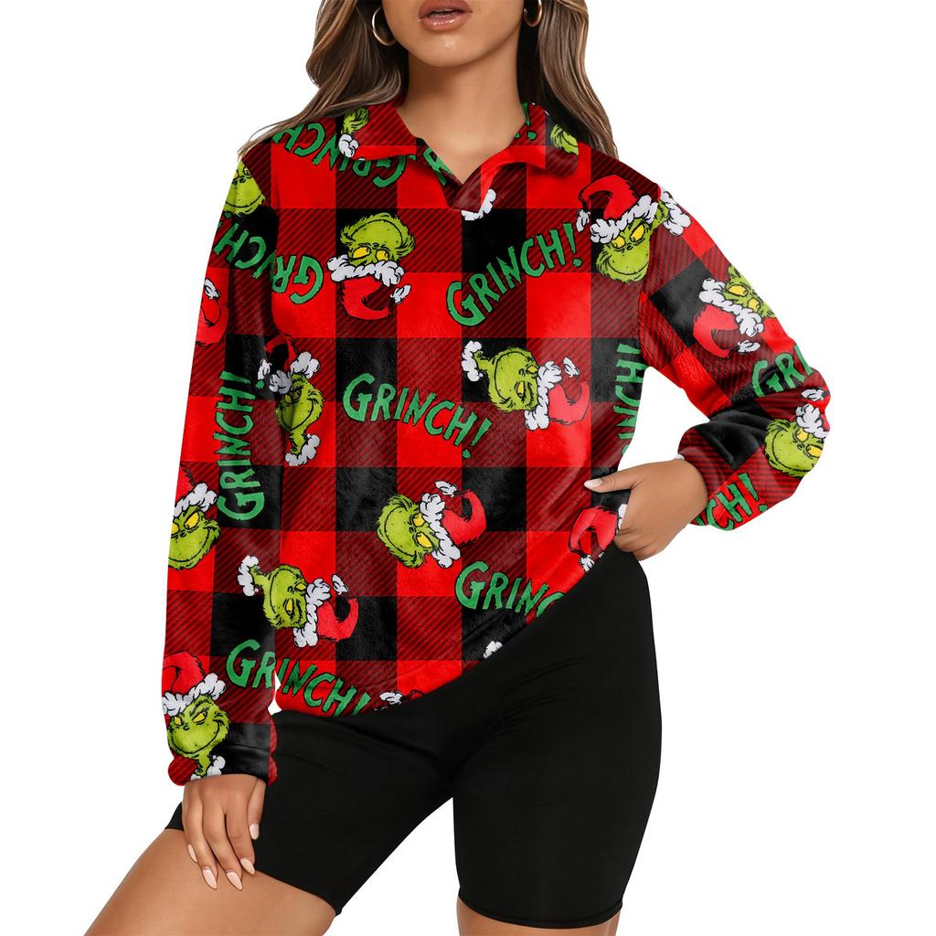 Women's Stand Collar Pullover Long Sleeve Top Christmas Print Sports Top