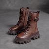 Fashion Autumn Winter Fleece-Lined Round Toe Leather Platform Ladies Mid Calf Shoes Chic and Elegant with Laces Women's Half High Boots