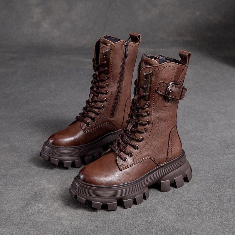 Fashion Autumn Winter Fleece-Lined Round Toe Leather Platform Ladies Mid Calf Shoes Chic and Elegant with Laces Women's Half High Boots