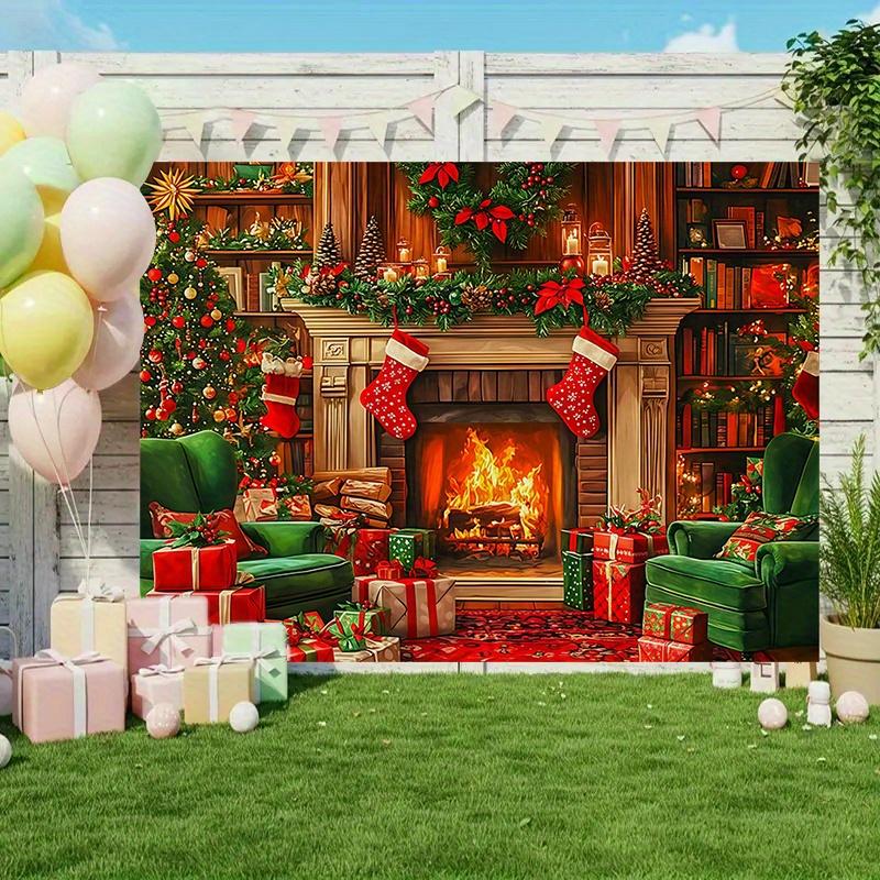 1Pcs Christmas Fireplace Gift Stocking Polyester Decoration Background Winter Backdrop Decorations For Photo Studio Photo Booth