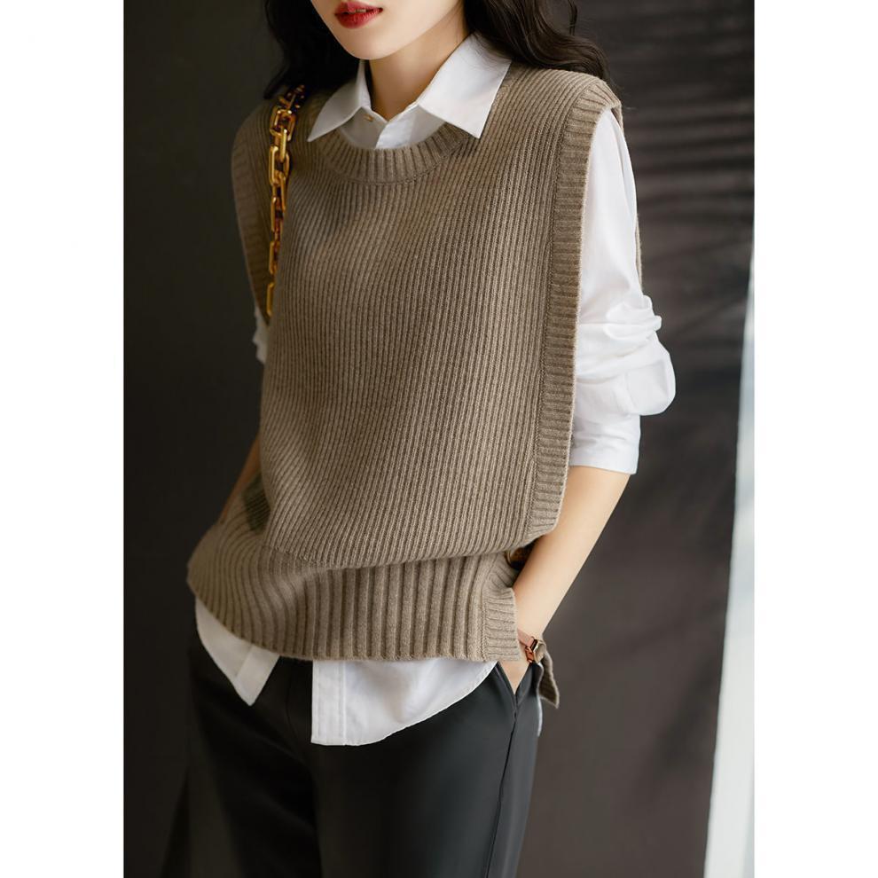 Split Design Sense Knitted Vest Retro Round Neck Versatile Outer Wear Thin Vest Sleeveless Vest Sweater Women