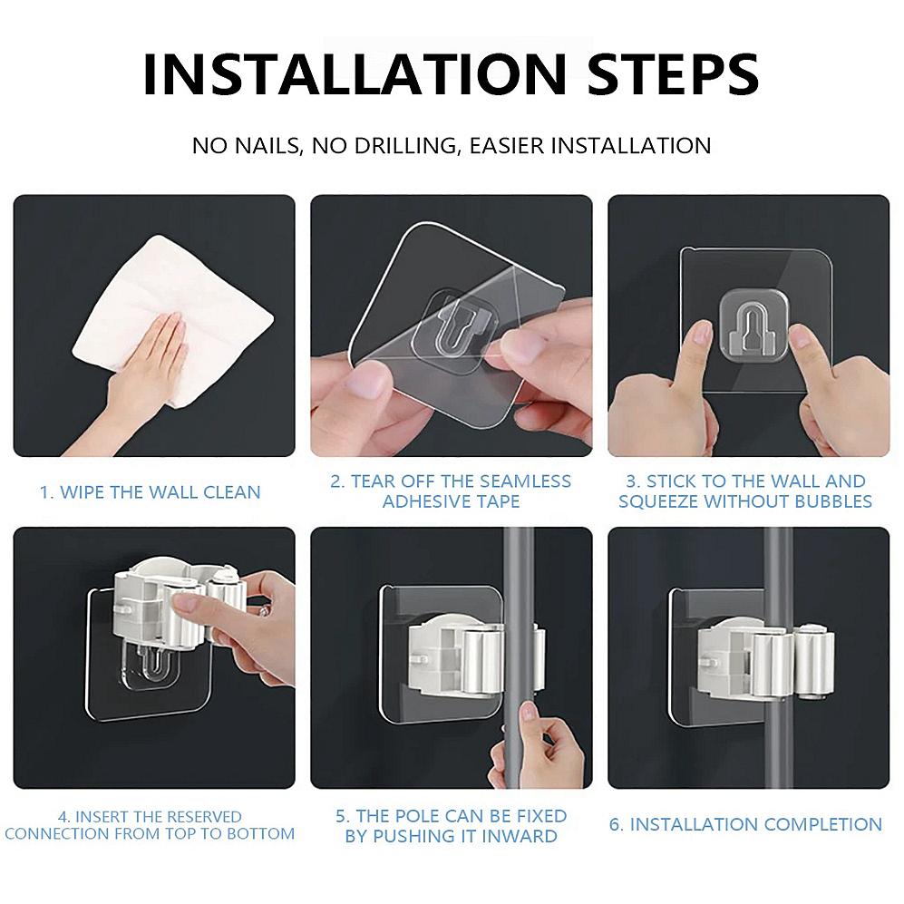 Mop Holder Self-adhesive Broom Stand Wall Mounted Mop Support Sweeping Brush Hook Storage Organizer Bathroom Kitchen Accessories