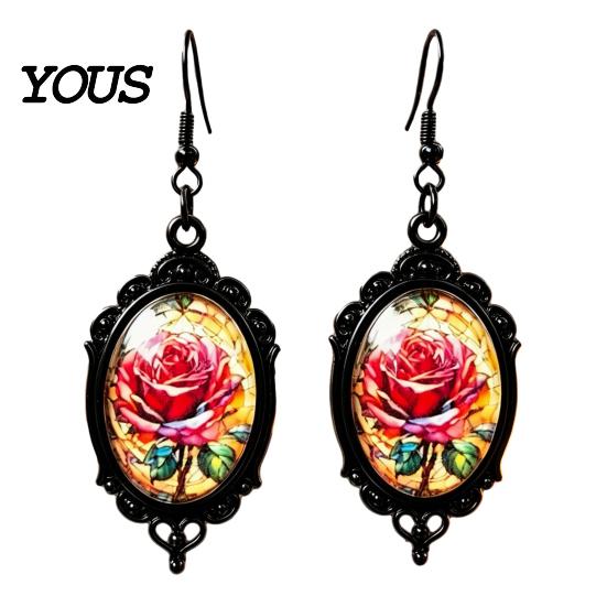 Gothic Earrings for Women 1 Pair Halloween Flower Earrings, Matte Black Oval Alloy Vintage Dangle Lightweight Stained Glass Rose Patterns Jewelry
