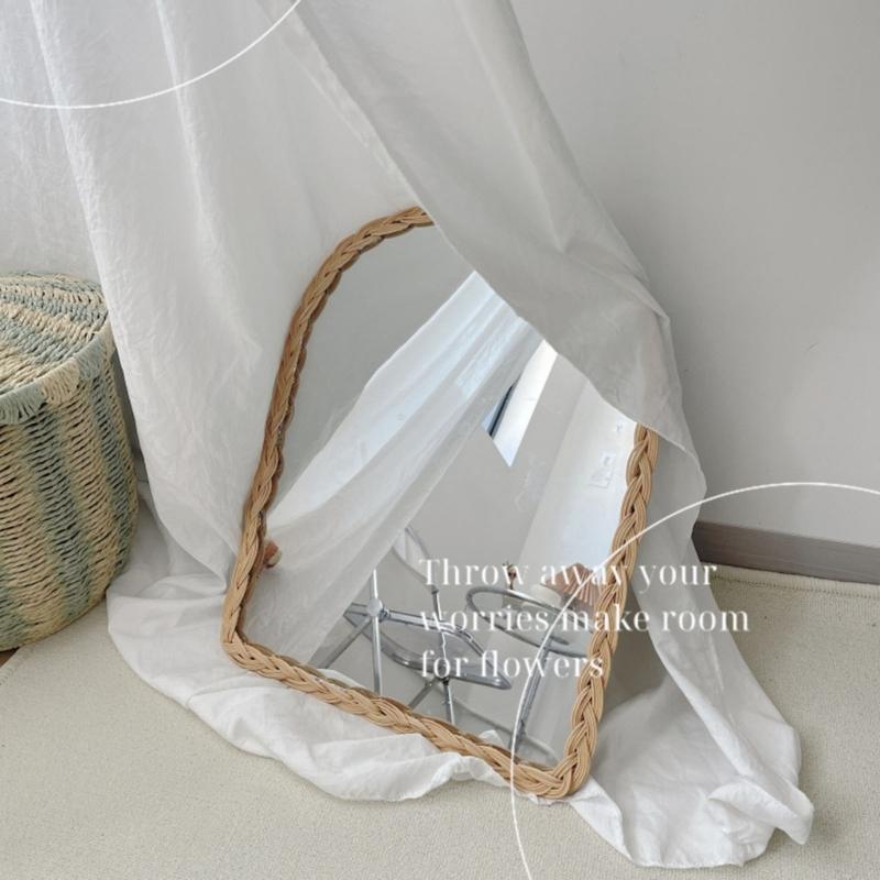 Rattan Wall Mirror with Wooden Framed Farmhouses Arched Wood Mirror for Modern Decorative Bathroom Living Room Entryway