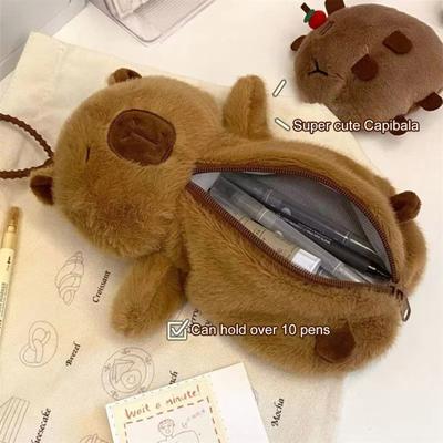 Plüsch-Federmäppchen in Capybara-Form mit Lanyard, Großes Fassungsvermögen, Reißverschluss, Stifte, Schreibwaren, Kosmetik