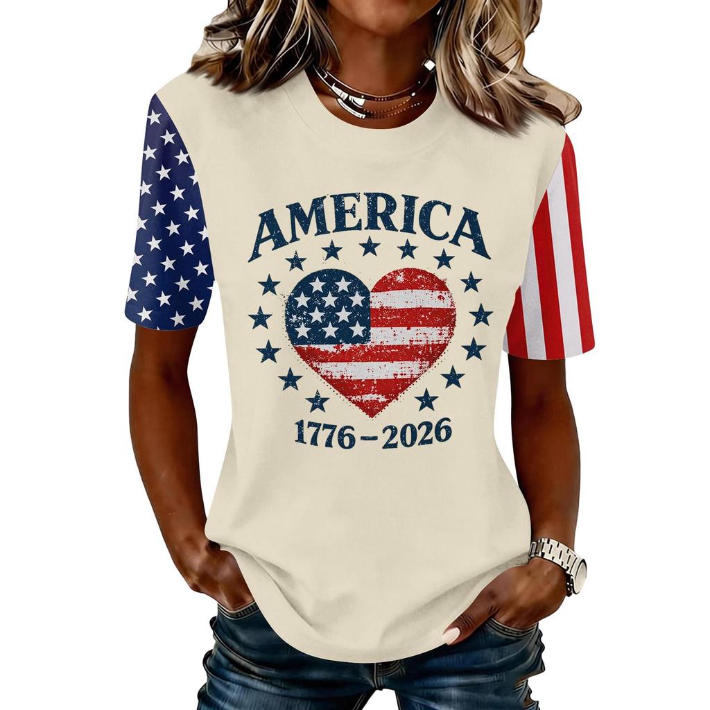 Blusa Feminina da Moda Casual de Manga Curta com Estampa e Gola Redonda