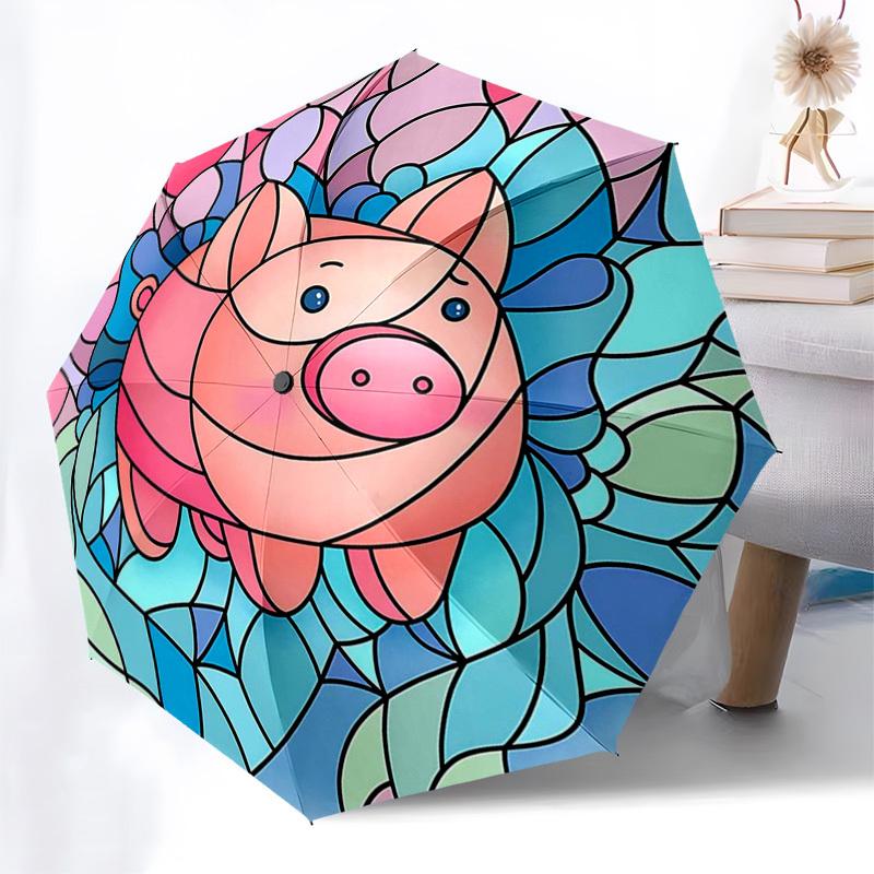 

1pc Stained Glass Pig Design Automatic Folding Umbrella - Portable 3-Fold Design, 8-Bone Iron Frame Outdoor Umbrella, Perfect Gift for Fans, Travelers
