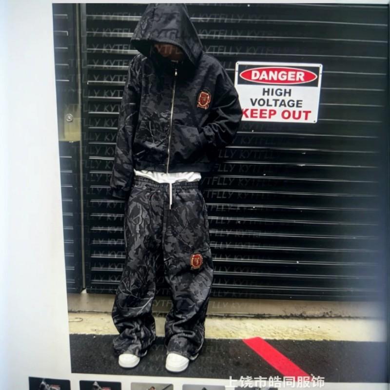 Oversized Y2K Streetwear Hoodie Set With Contrast Camo Print Loose Fit Sweatshirt Straight Leg Pants Teens