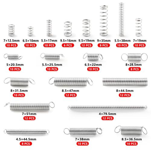 JUTOSU Sada pružin, 200 kusů, 20 typů, Tlačné pružiny, Tažné pružiny, Vinuté pružiny, Vybírací nástroj, Včetně úložného pouzdra, Ideální pro DIY opravy