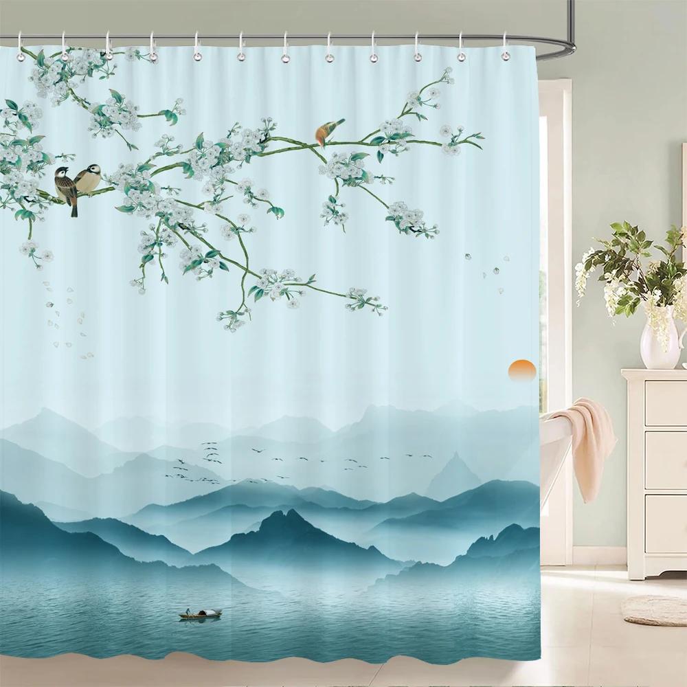 Chinese ink landscape style shower curtain scenic pattern Waterproof Fabric bath curtain washable Bathroom curtains Multi Size