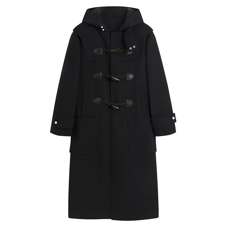 Herbst Herren Koreanischer Kapuzen-Trenchcoat Herren Lässig Knebelknopf Wollmantel Herren Schwarz Warm Langer Mantel Männlich Wollmischungen Übermantel