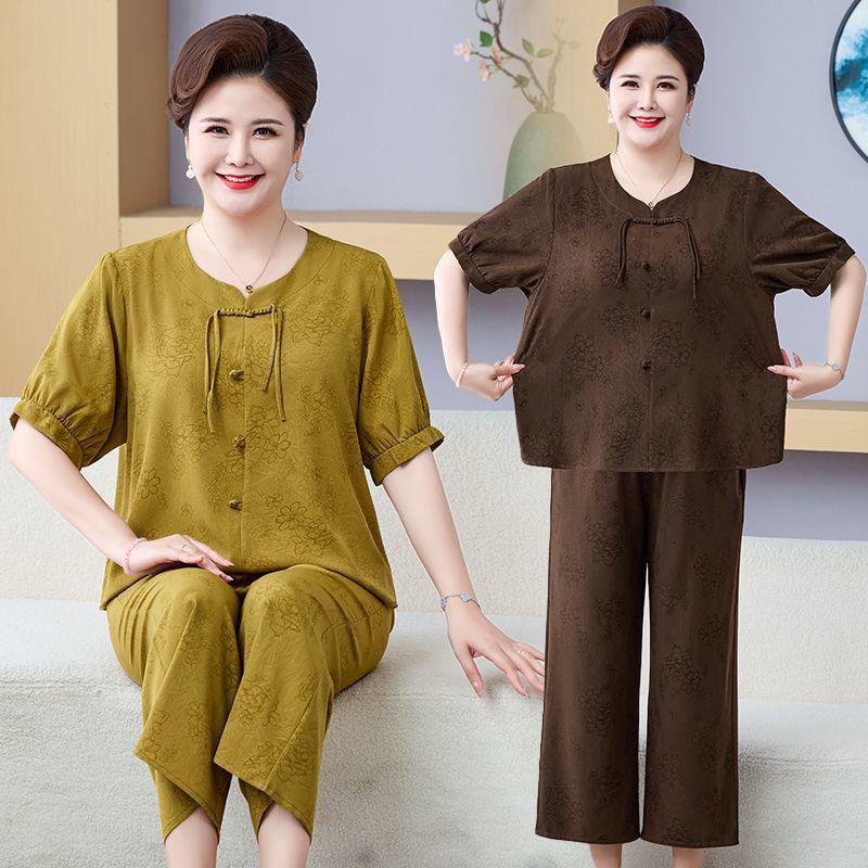 Chinese Style Summer Two-Piece Set: Mid-aged and Elderly Mom Short Sleeve Loose T-shirt and Fashionable Pants