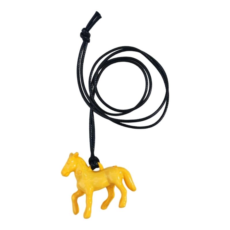 Versatile Long Pendant Necklace Featuring Horse Design In Vibrant Acrylic On Soft Leather Rope for Various Outfits