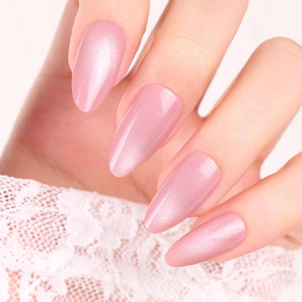 Cat Eye Nude Pink Wearable Nail Patches: Medium Long Oval Pre-made False Nails