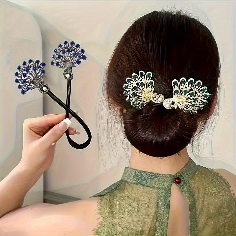 Elegant Peacock Bun Styling Tool French Twist Hairpin with Rhinestone Embellishments Fashionable Hair Additions for Women
