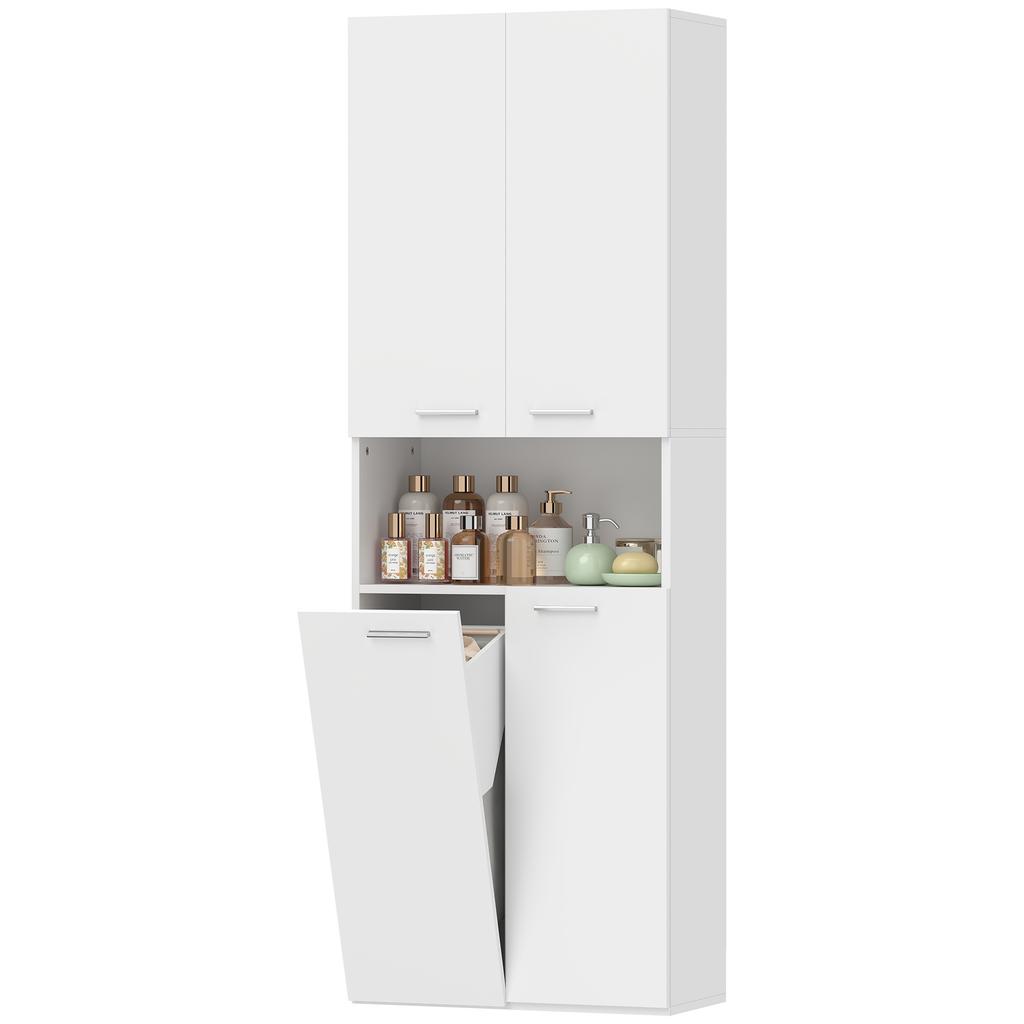 174 Cm High Bathroom Cabinet with Fold-out Laundry Basket and Soft-Close Doors, White