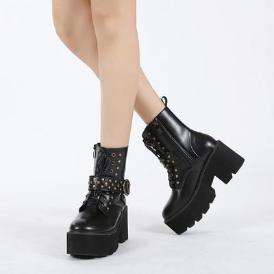 Martin Boots Autumn and Winter Retro Belt Buckle Rivet Thick Bottom Side Zipper Short Boots