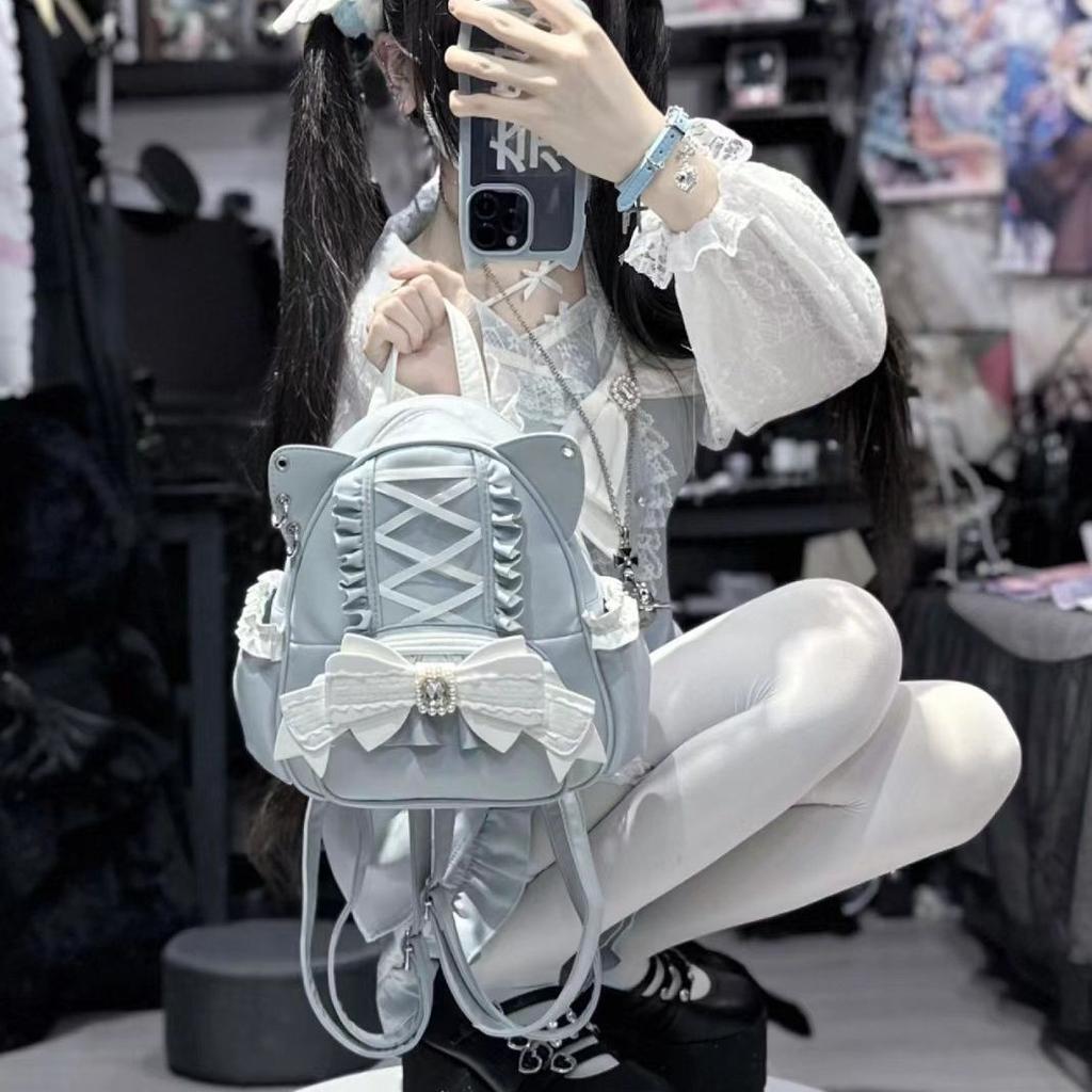 Korejská móda Y2k Punk Batoh Krajkový mašle Kočičí uši Lotosová krajková dekorace Lolita Batoh PU kůže Velká kapacita Dámský batoh