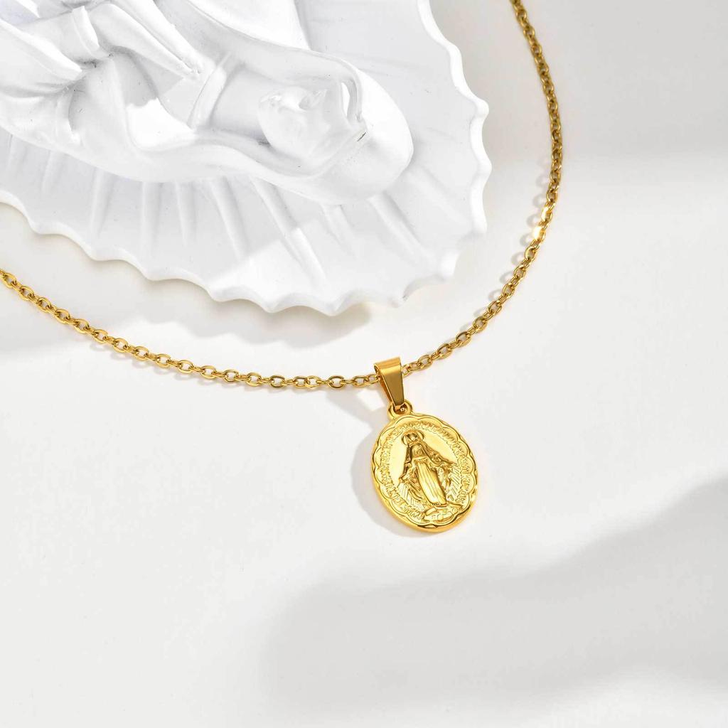 Stainless Steel Vintage Oval Virgin Mary Pendant Necklace Women'S Jewelry Pn-2192