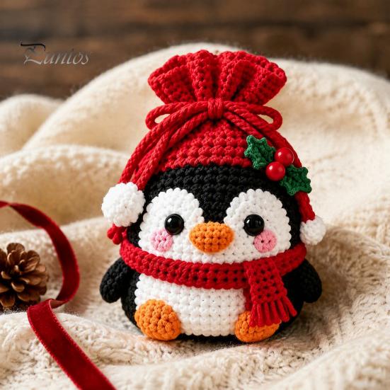 Christmas Pouch Craft Set Crochet Kit, DIY Santa Snowman Pouch, Cute Penguin Elk Bear Knitting Supplies Designs, Storage Bag Kit for Beginners,