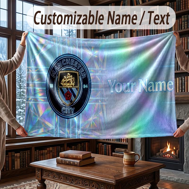 Custom Name Flannel Throw Blanket Manchester City Pattern Warm Home Decoration