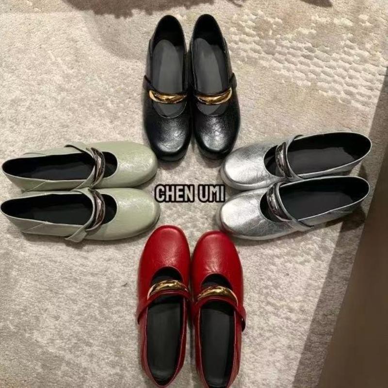 Fashion Mary Jane Shoes Women's 2025 New Round Toe Fashion Single Shoes for Women's Spring Genuine Leather Metal Decorative Flat Shoes