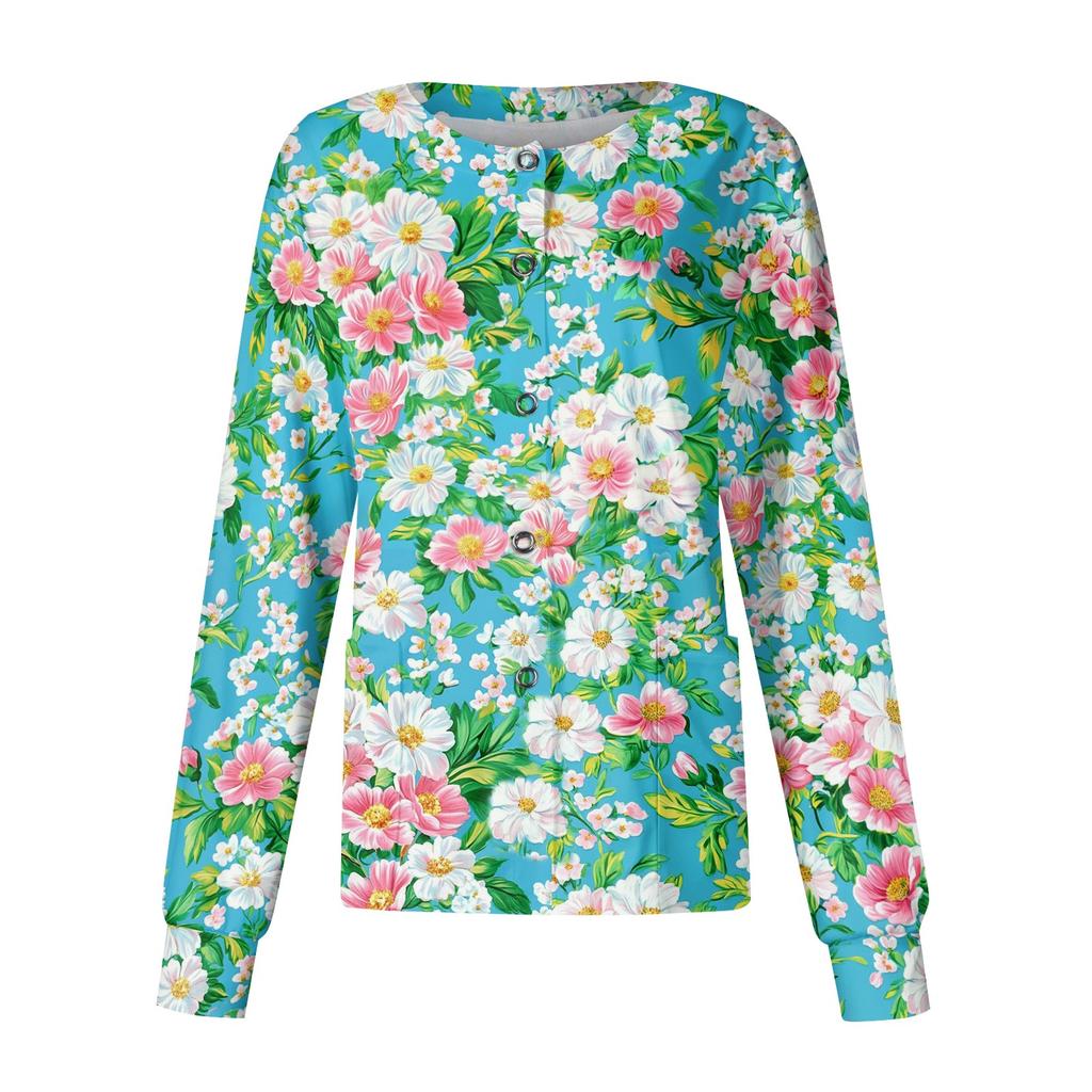 Women's Casual Long Sleeve Single Breasted Floral Print Medical Scrub Cardigan Top Comfortable Fit Lightweight Fabric Suitable for Work