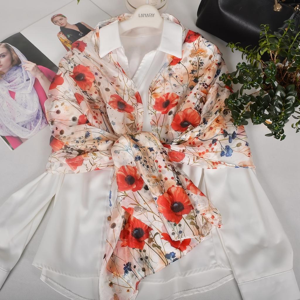 Ultralarge Spring Fall 100% Mulberry Silk Scarf Beach Wrap Brand Female Long Scarves New Red Floral Silk Scarf Shawl