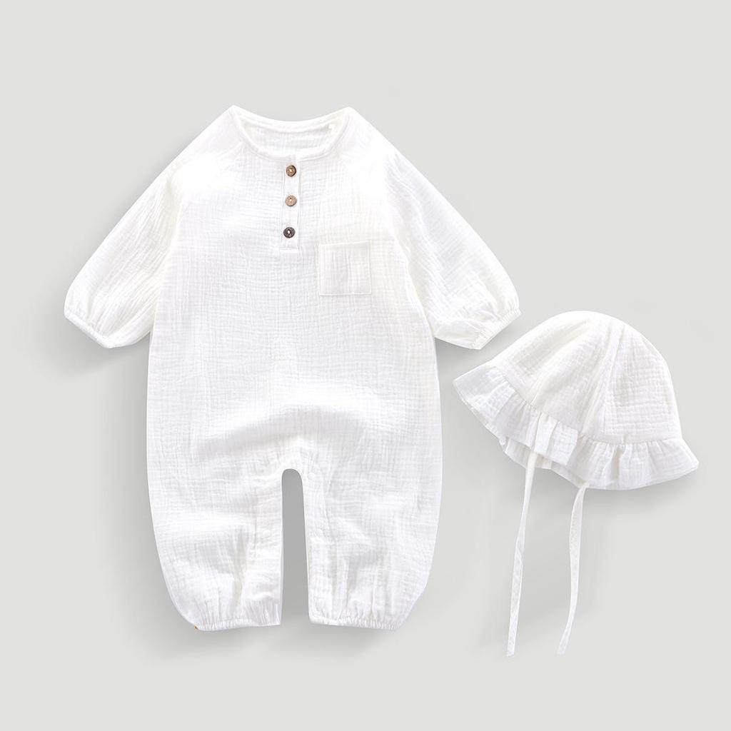 Hooded Baby Summer Romper: Double Layer Gauze, 100% Cotton, Solid Color, Breathable and Sweat-Absorbent - Ideal for Crawling and Casual Wear