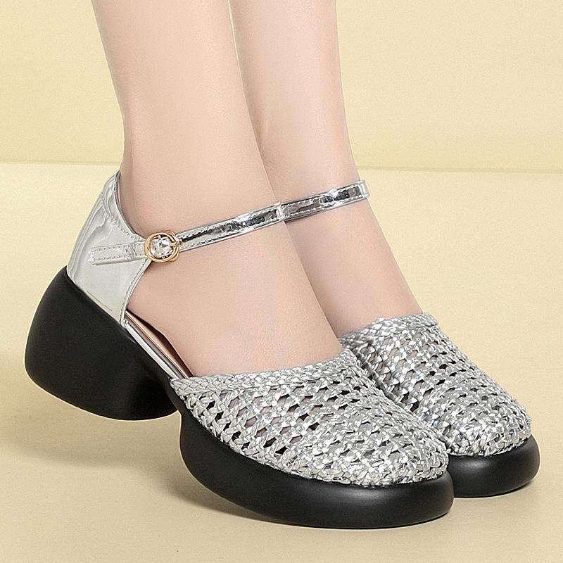 

CICIYANG 6cm Women s Sandals Retro 2025 New Summer Roman Female Sandals Large Size Woven Hollow High Heels for Women 40 сірий колір