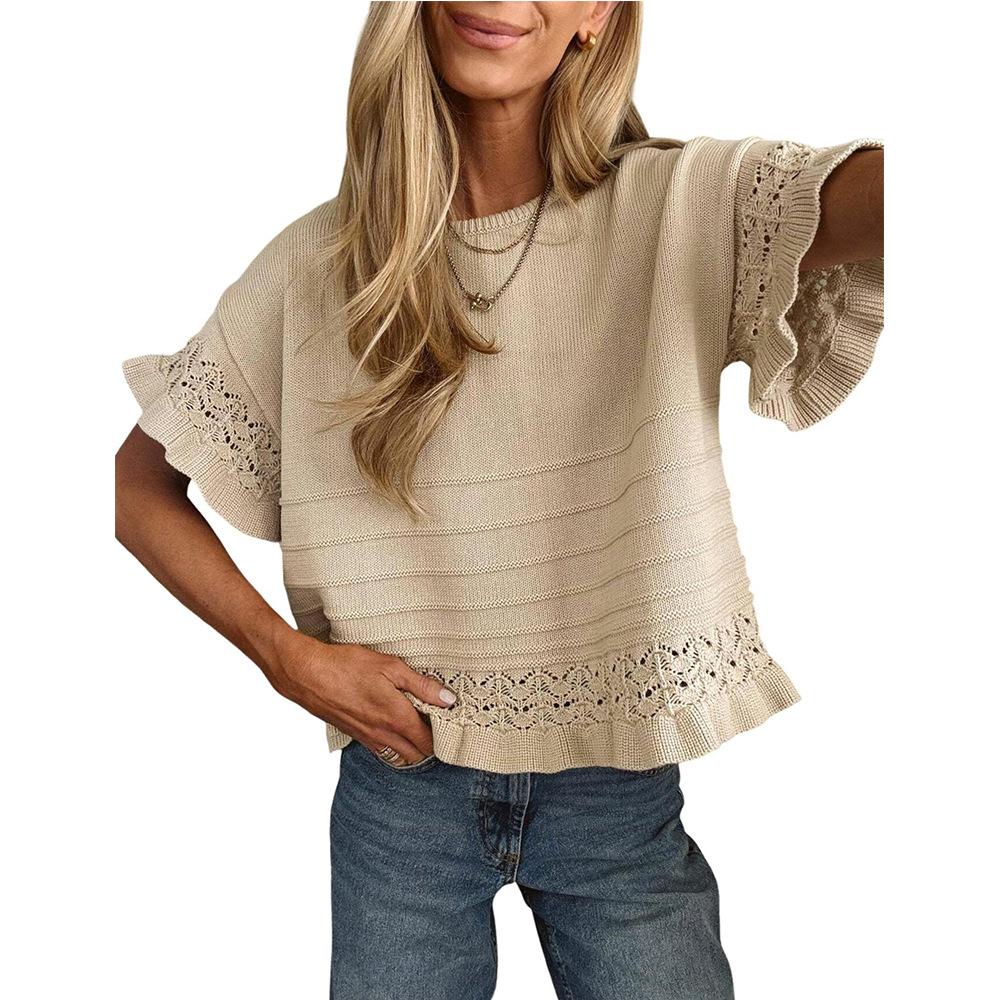 Women Round Neck Hollow Out Knit Short Sleeve Ruffle Loose Sweater Top S