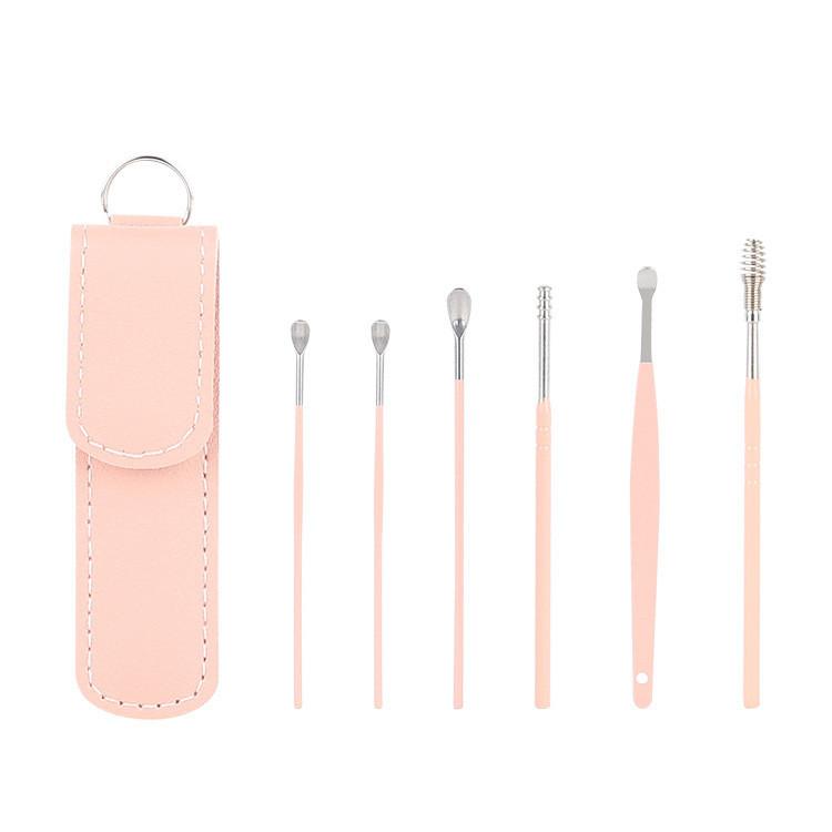 Earspoon Six-piece Ear-picking Tool Carbon Steel Ear-picking Spoon Leather Bag Ear-cleaning Spoon Easy to Carry at Home