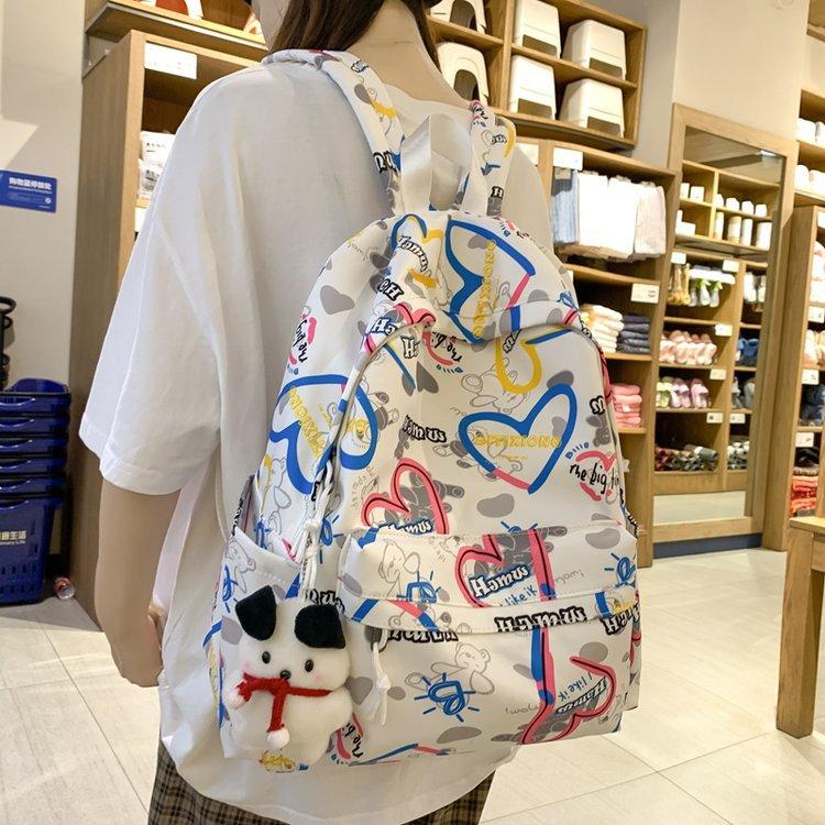 Schoolbag Student Backpack Girls Love Printing Harajuku Edition Campus Junior High School Student School Bag Girls Casual Backpack