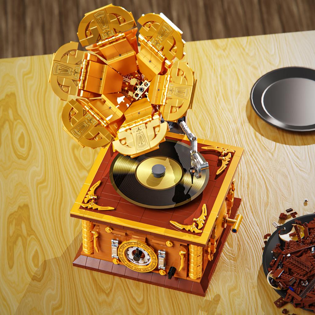 1011 ks Retro gramofon Stavebnice Hračky Model Gramofonu Skládačka Kostky Hračky Pro Děti Stolní Ozdoba Dárky