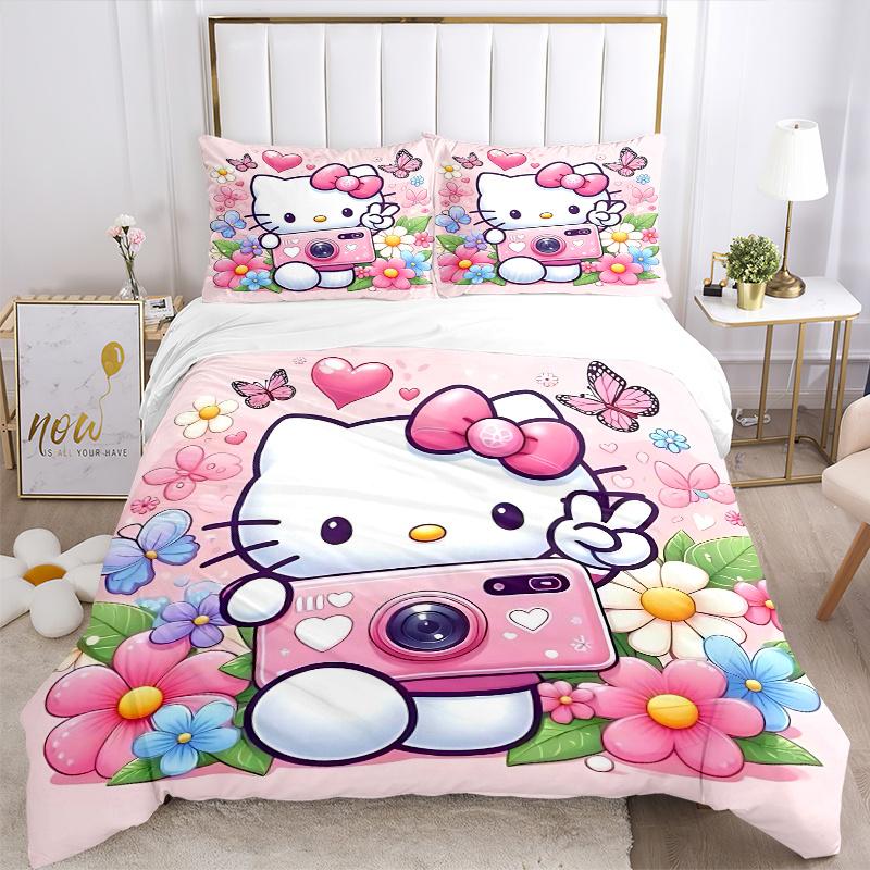 3pcs Butterflies & Hello Kitty Quilt Set Cartoon Themed Bed Quilt Set Lovely Character Bedroom Decor Bed Quilt Set Four Seasons (1 Cover + 2Pillo