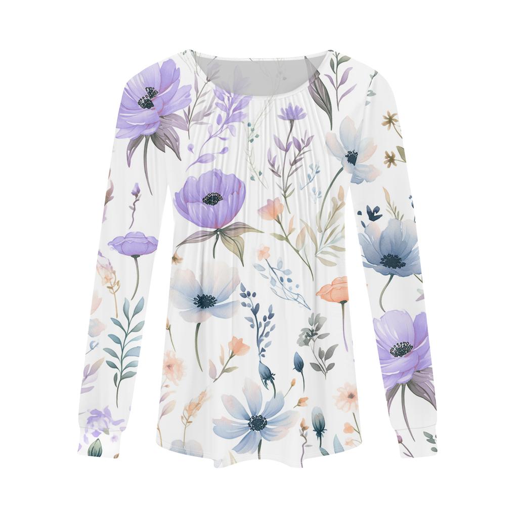 Damenmode Lässig Plissiert Rundhals Vintage Blumendruck Langarm T-Shirt Top