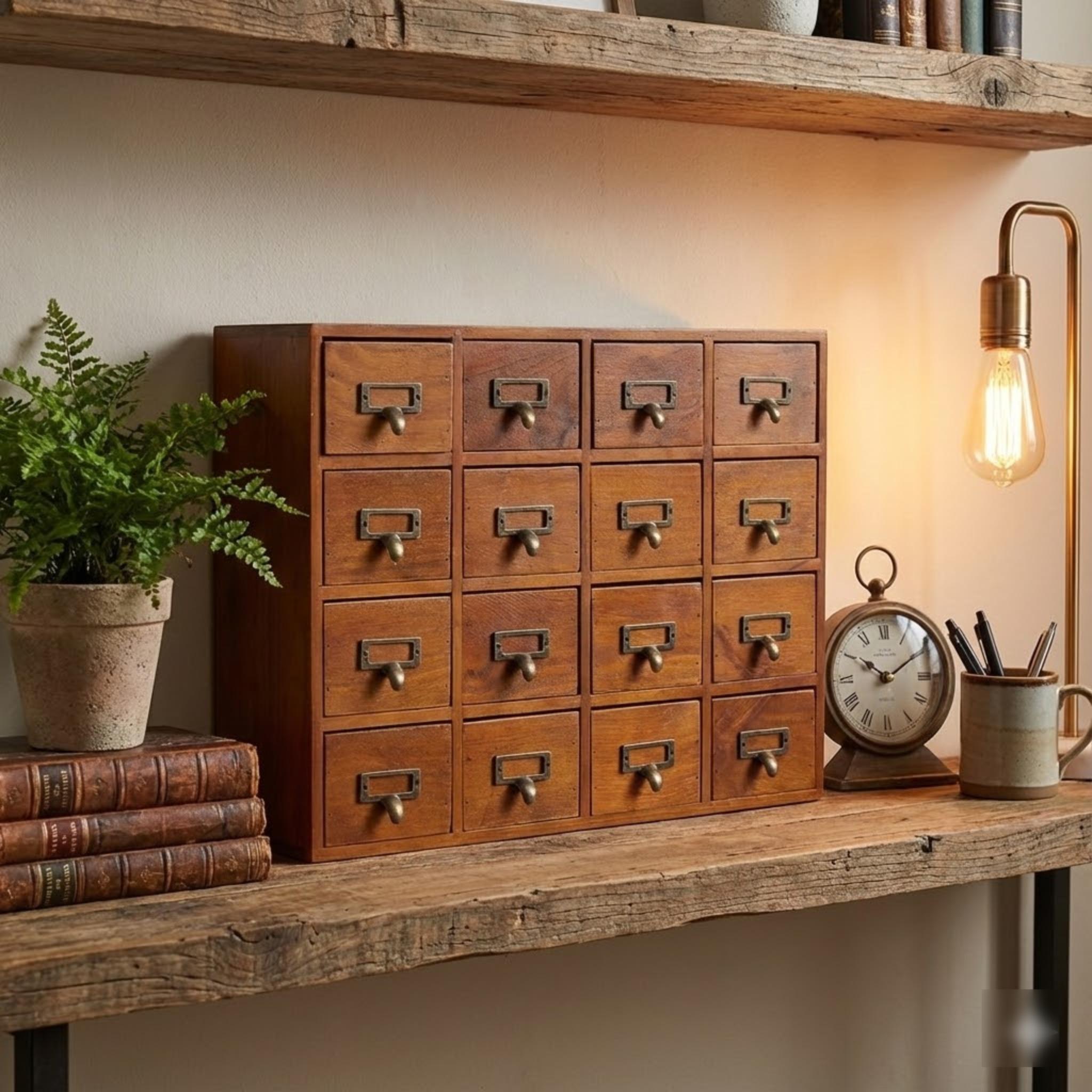 

Vintage Wooden 16 Drawer Organizer Home Office Desktop Storage Cabinet Box Rustic Style With Metal Label Holders United States