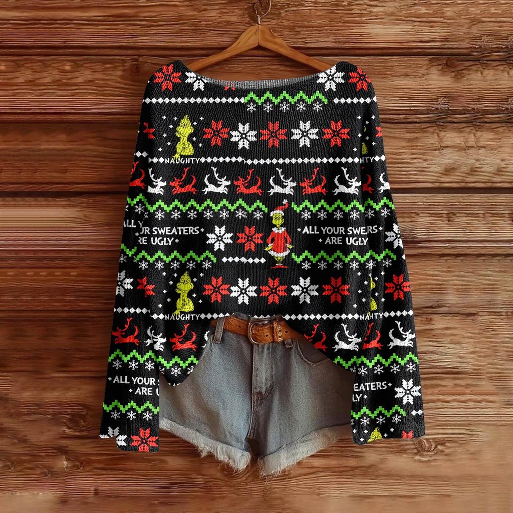 Damemote Langermet Christmas Snowman Snowflake Print Jakke Cardigan