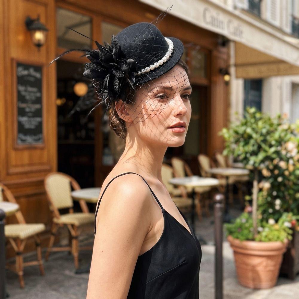 Exquisite Mesh Feather Hair Clip Elegant Small Top Hat Retro 1920s Hair Accessories Lady