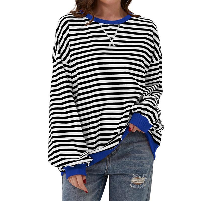 Loose Striped Long Sleeved Round Neck Women's T-shirt