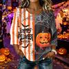 Women's Happy Halloween Print Blouse - Round Neck Three-Quarter Sleeve Cotton Linen Casual Top for Holiday Costume and Everyday Wear