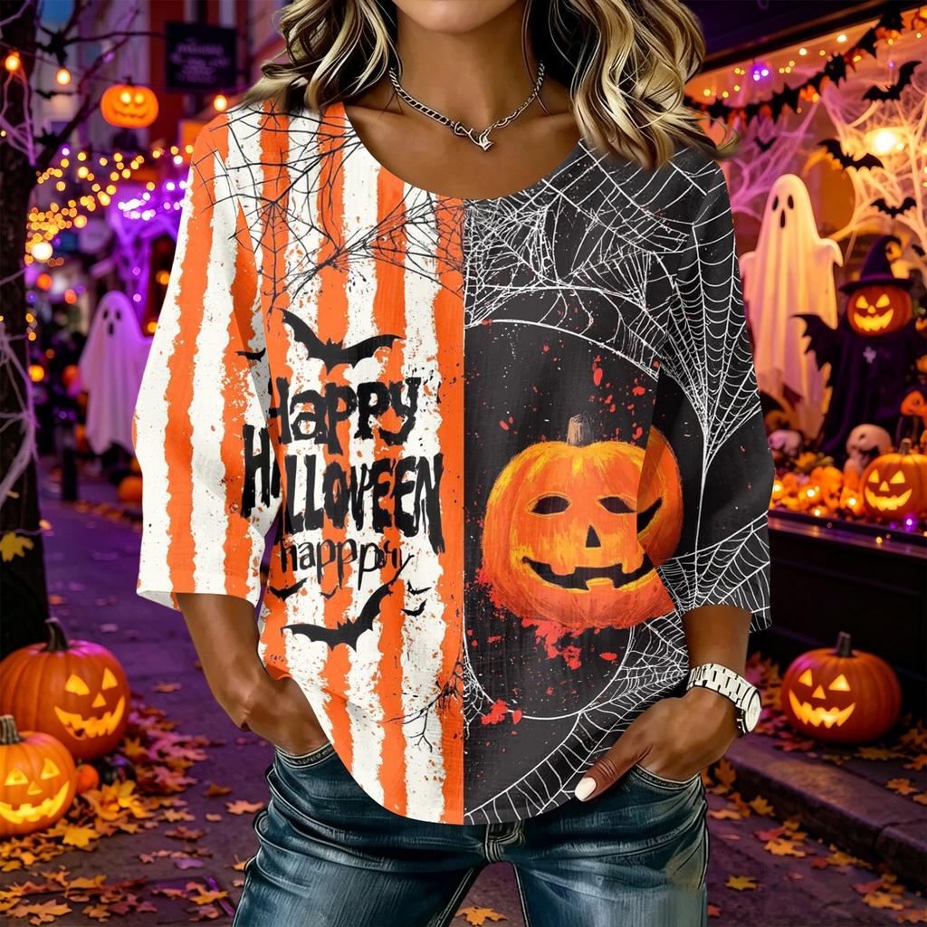 Women's Happy Halloween Print Blouse - Round Neck Three-Quarter Sleeve Cotton Linen Casual Top for Holiday Costume and Everyday Wear