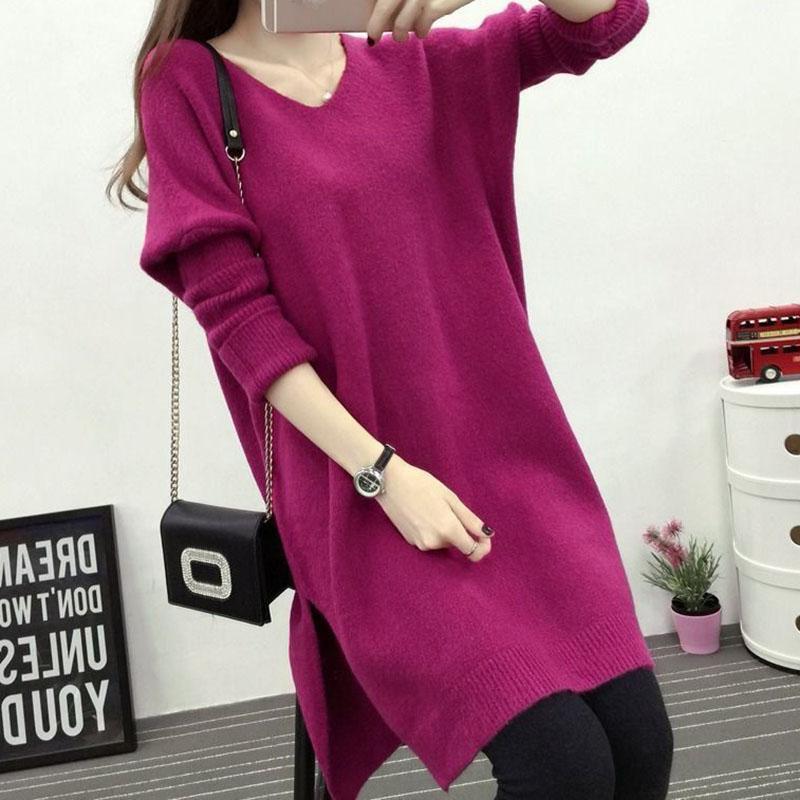 Женский свитер большого размера, вязаный свитер, свитер средней длины, с v-образным вырезом, свободное покрытие, тонкое простое платье весны и осени XXL фиолетовый