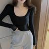 Women's Slim Fit Ribbed U-Neck Long-Sleeve Tee - New Autumn/Winter Korean Style