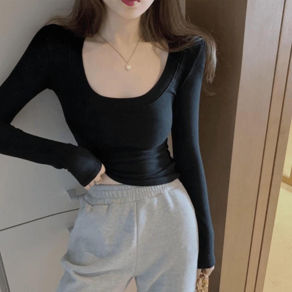 Women's Slim Fit Ribbed U-Neck Long-Sleeve Tee - New Autumn/Winter Korean Style