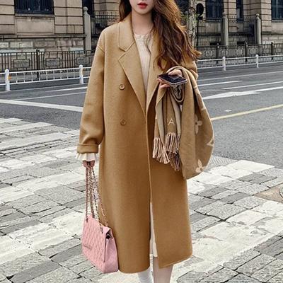Women's Coat Double-Breasted Lapel Stylish Warm Mid-Length Double Pockets Winter Coat Lady Accessories