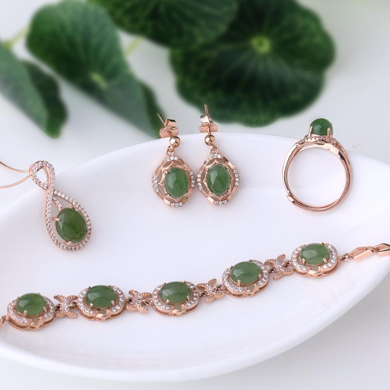 Bridal 4-Piece Set: Rose Gold Plated 925 Silver Earrings, Ring, Necklace with Jasper and Hetian Jade