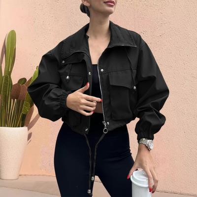 Women Cropped Utility Jacket Zip Up Oversized Anorak Coat with Pockets Autumn Drawstring Short Outerwear