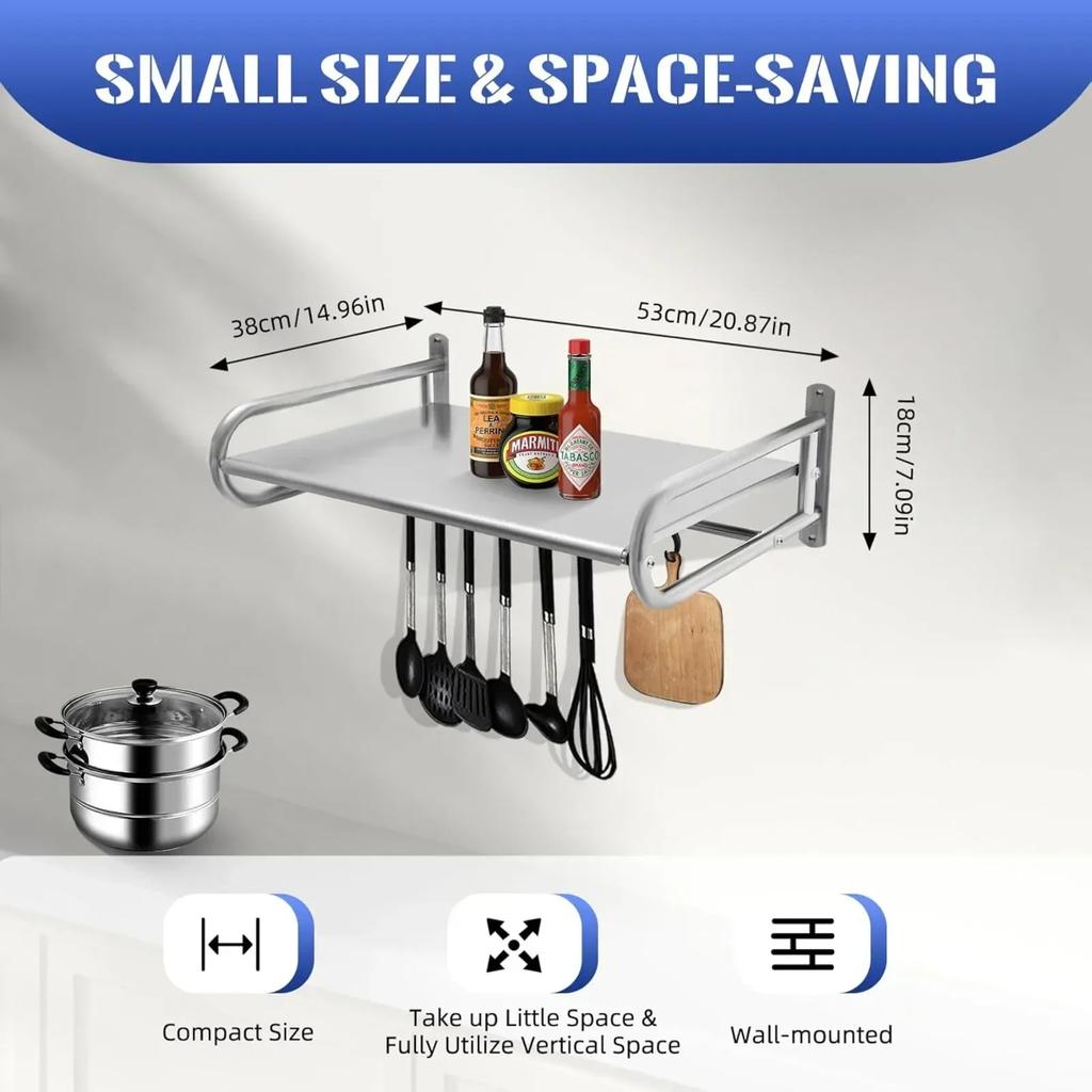 Stainless Steel Microwave Utensils Shelf Wall Mount with 6 Hooks, Heavy Duty Kitchen Organizer Rack for Bathroom Pantry Storage